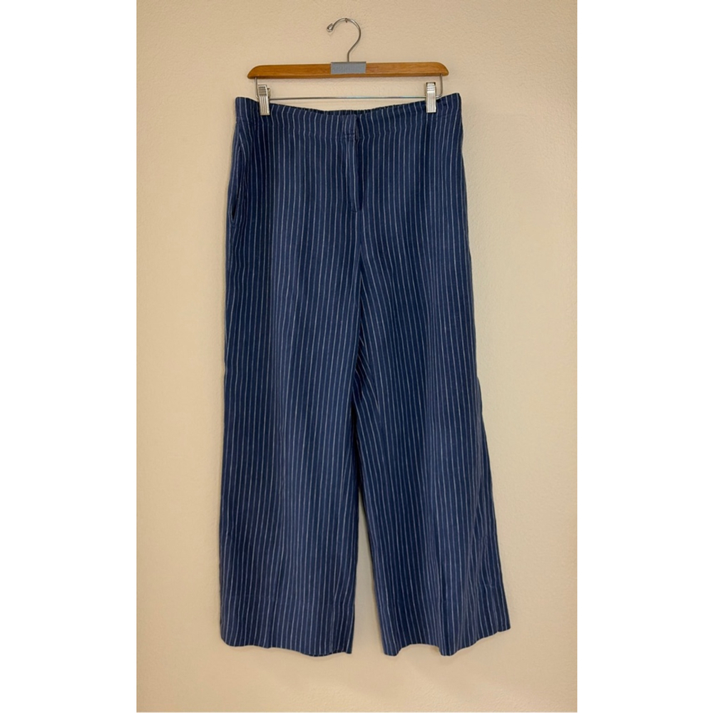 NIC+ZOE Women's Size 10 Blue White Striped Linen Blend Wide Leg Ankle Pants